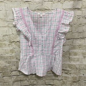 Mine Pink Green Gingham V Neck Flutter Sleeve Seersucker Top